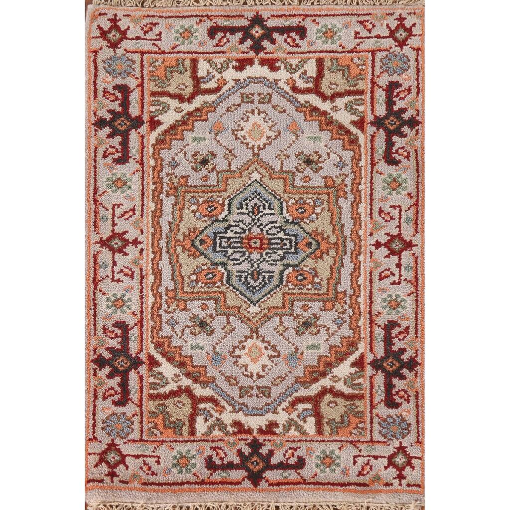 Geometric Heriz Serapi Indian Rug Hand-Knotted Grey Wool Carpet - 2'0"x 3'0"