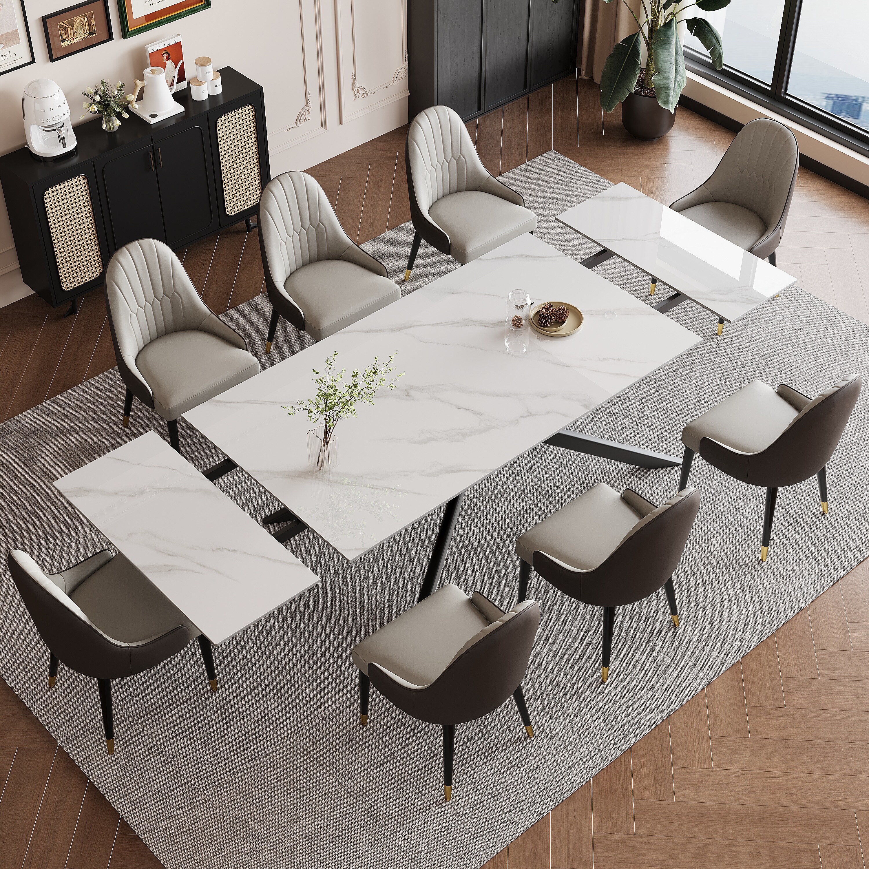 9 - Piece 110.24'' Extendable Sintered Stone Dining Table with 8