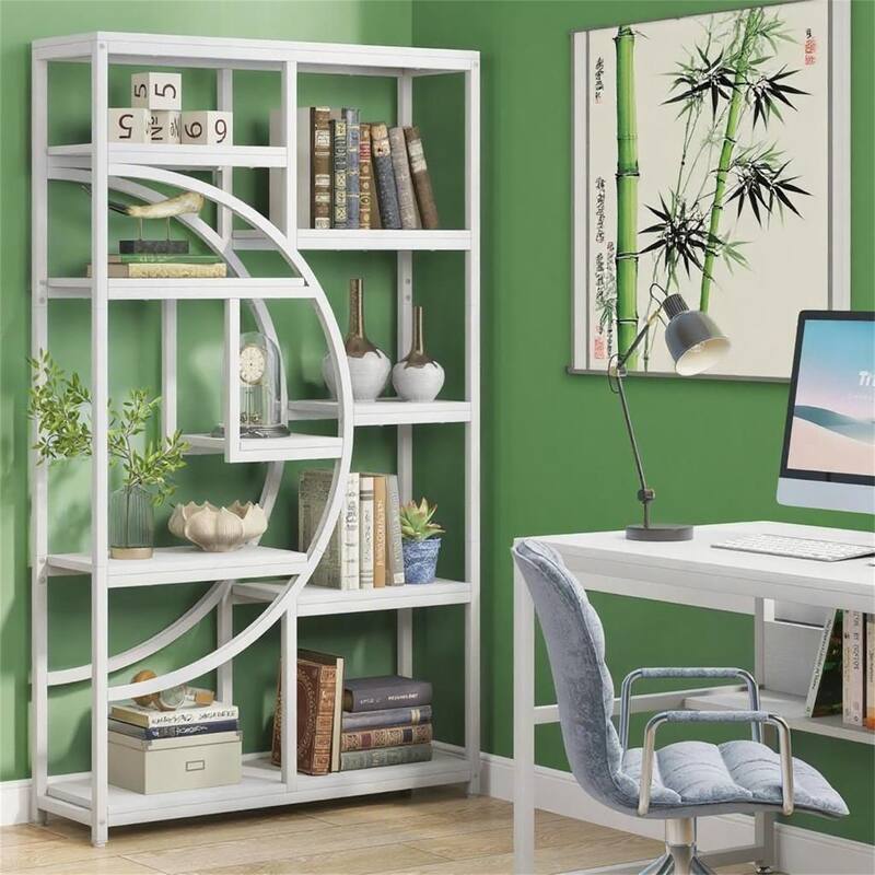 Industrial 9-Shelf Half-Moon Bookcase - White