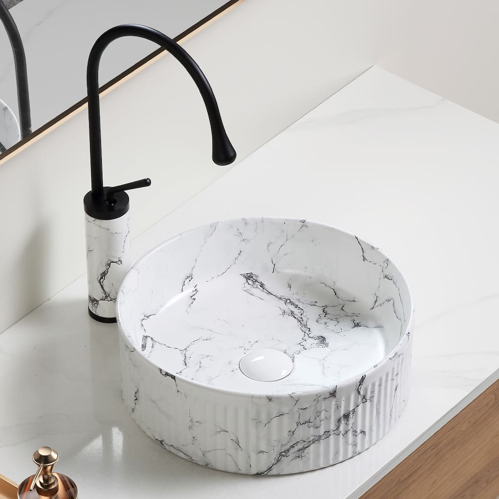 GDFStudio - Luxury Ceramic Vessel Sink with Marble Pattern Surface, Included Faucet and Drain - 15"