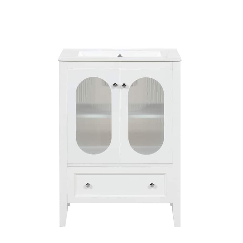 24" Vanity Cabinet for Bathroom with Sink, 2 Oval Hazy Glass Doors, Drawer, Adjustable Shelf and Silver Metal Knobs