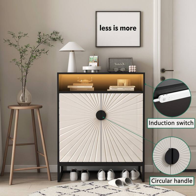 5-Tier Modern 2-Door Shoes Storage Cabinet with LED Light, Wooden Shoe Organizer Rack with Adjustable Shelf