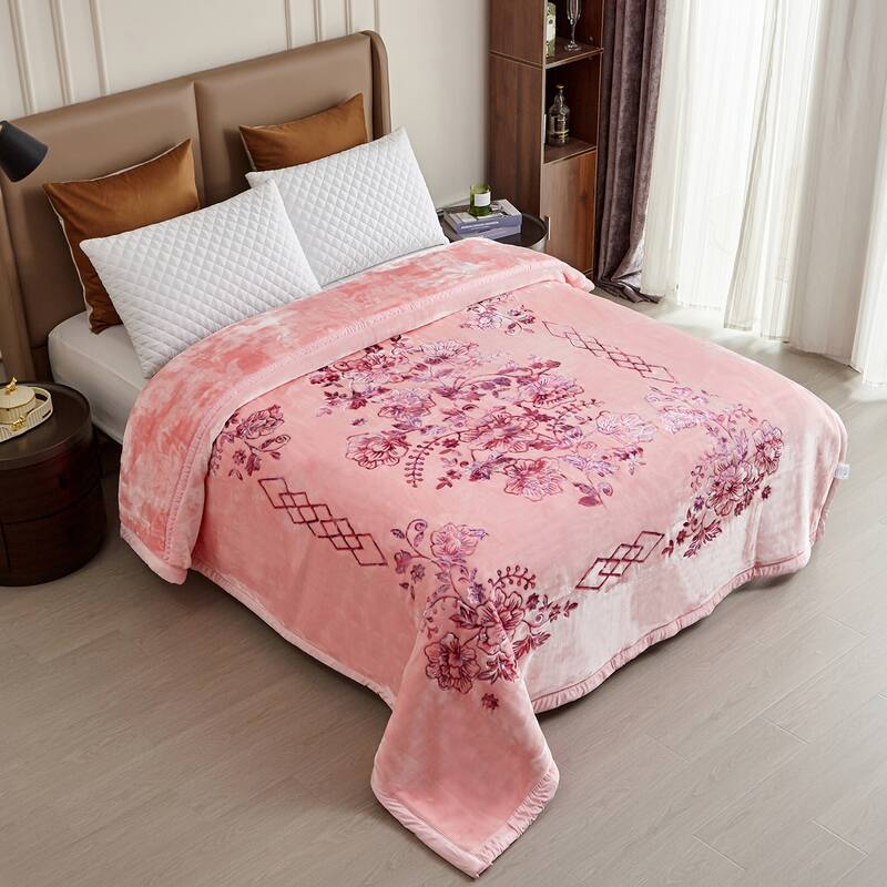 Floral & Animal 2-Ply Heavy Raschel Blanket 85" X 95" - King - Pink Flower