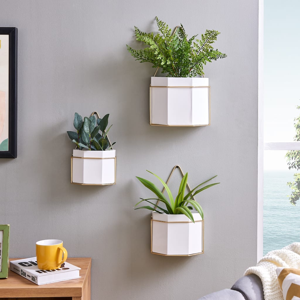 Geometric Outoor Wall Planters - 15" - White and Gold - Set of 3