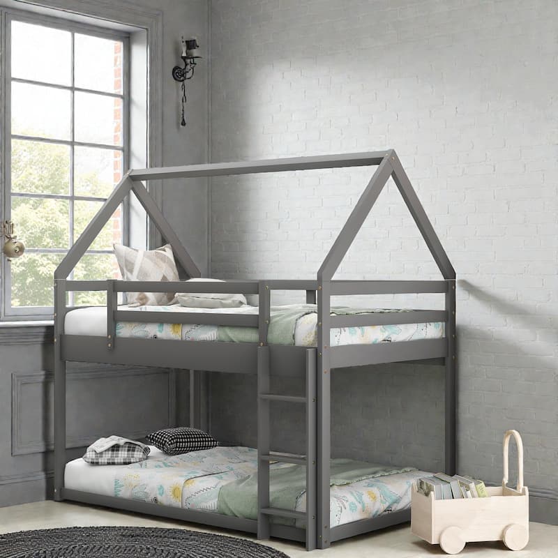 Twin over Twin Low Bunk Bed House Frame with Ladder, Kids Wooden Bunk Bed, Pine Wood and MDF, No Box Spring
