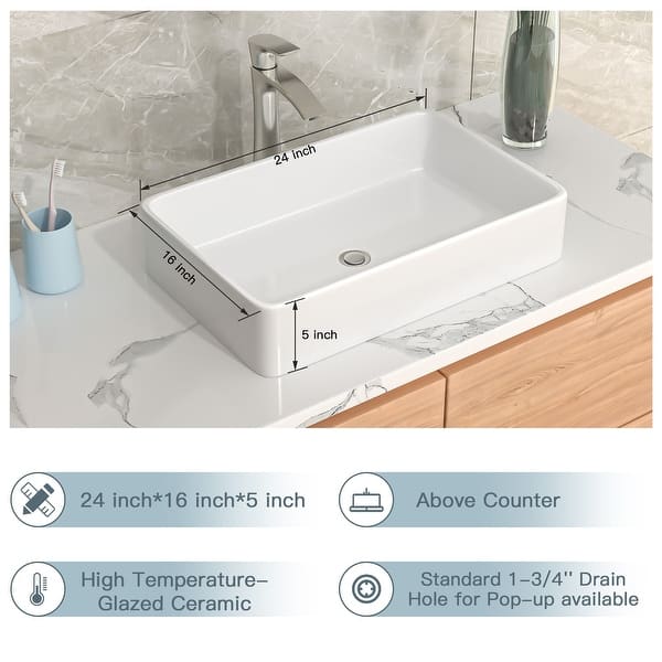 24" X 17.7" Square Above-Counter Vessel Sink – White High-Gloss Ceramic Basin With Overflow, Modern Bathroom Vanity Top