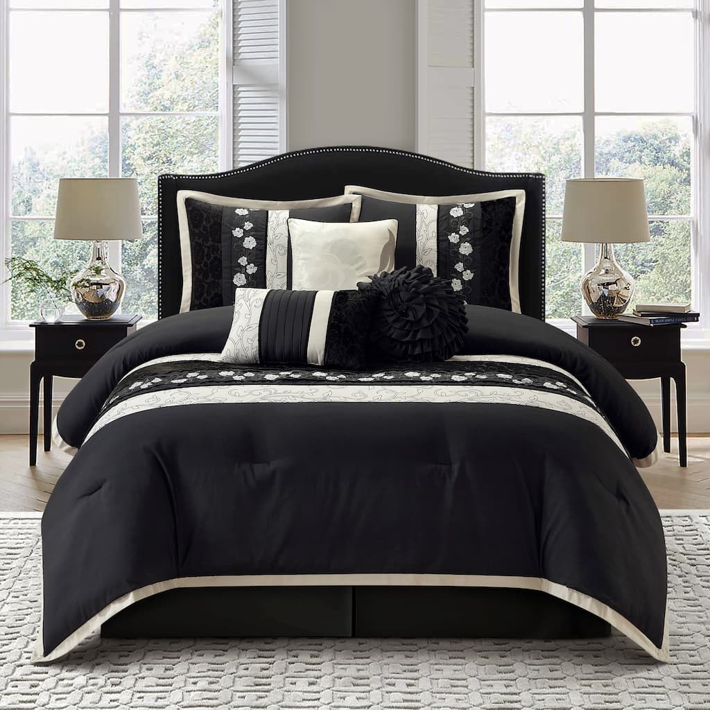Nanshing Stella Black 7-Piece Roses Design Comforter Set