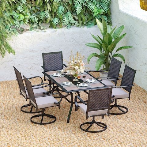 7-piece Patio Dining Set, 6 Rattan Swivel Chairs with Cushion and 1 Table with Umbrella Hole