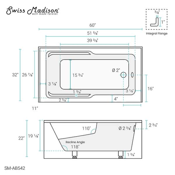 dimension image slide 4 of 20, Swiss Madison Voltaire, Acrylic White, Alcove, Integral Armrest, Bathtub with Apron