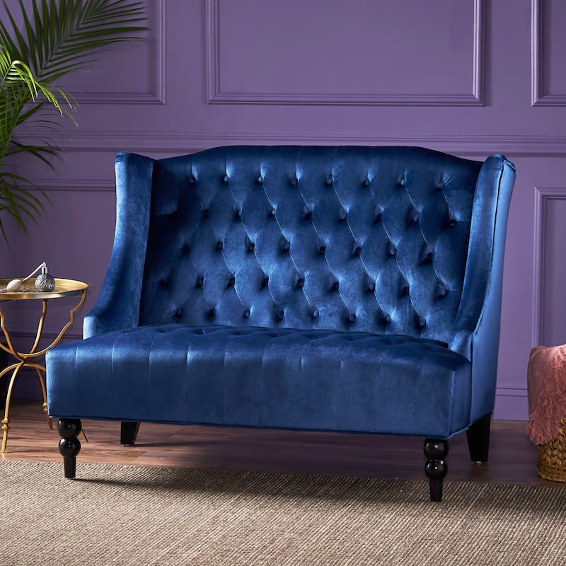 Navy Blue 50.25" Velvet Button Tufted High Wingback Loveseat Sofa with Wood Legs for Living Room