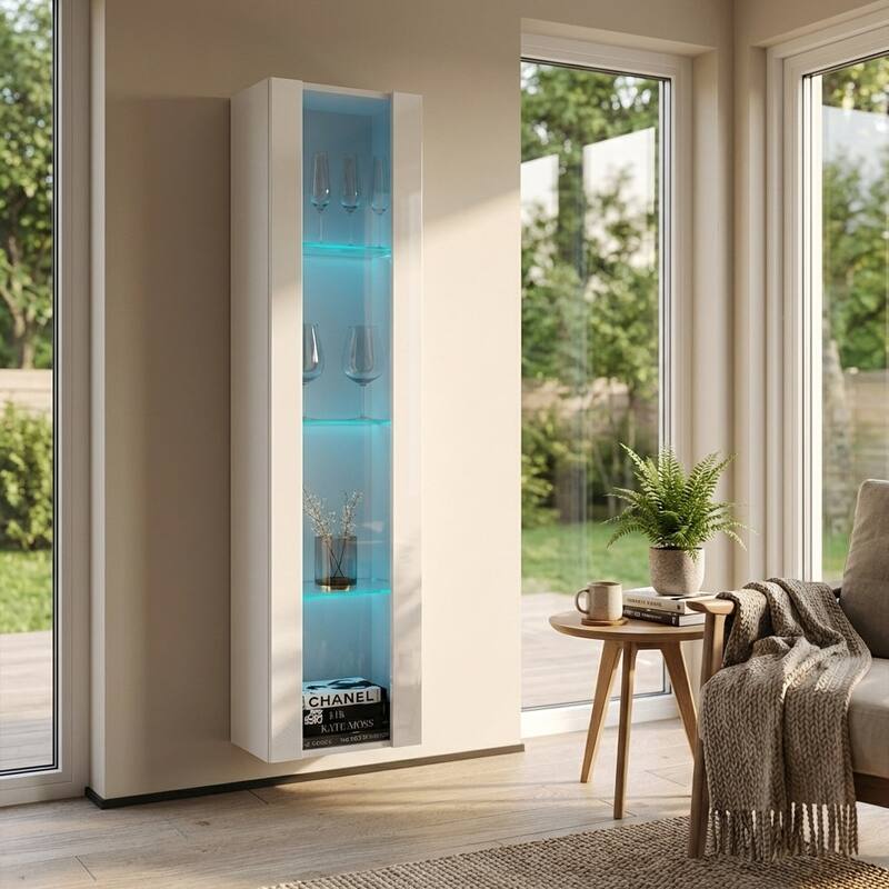 Meble Furniture Booky 41 Tall LED Bookcase with 4 Shelves & 16-Color Lighting, 15.8W x 11.4D x 66.9H inches, High Gloss Finish