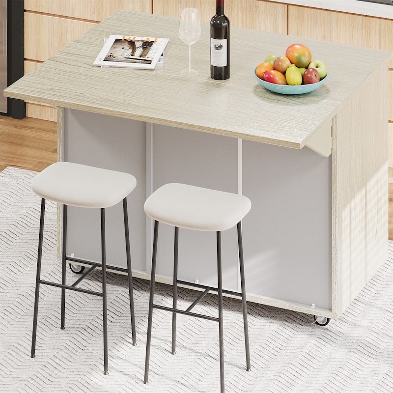 51.2" Wood Rolling Kitchen Island w/ Drop Leaf, Internal Storage Rack