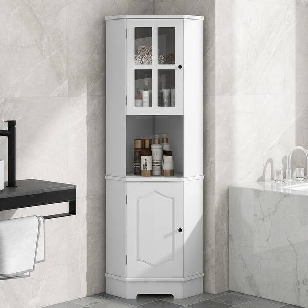 23.2 in. W x 15.9 in. D x 65 in. H in White MDF Boards Bathroom Storage Cabinet with Glass Door