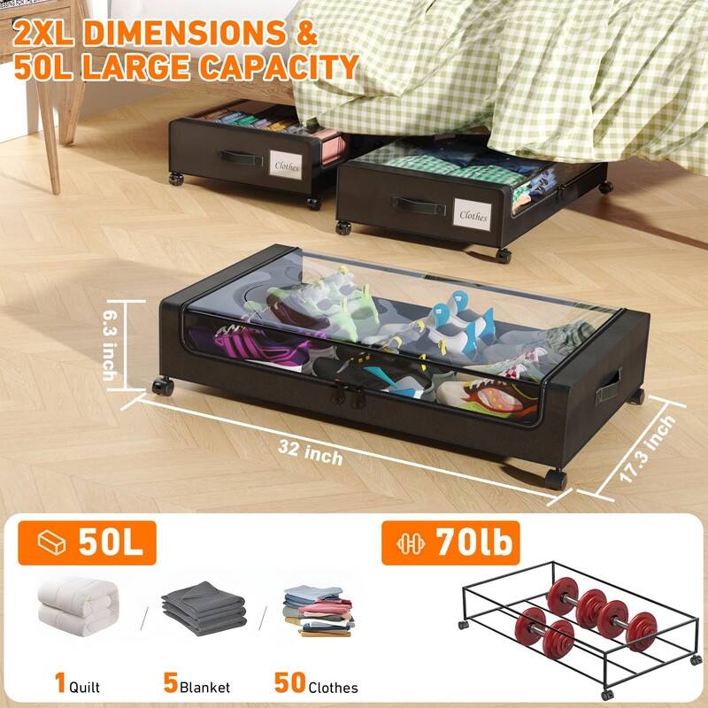 2-Pack XXL 65L Under Bed Storage Bins with Wheels & Lids – Black