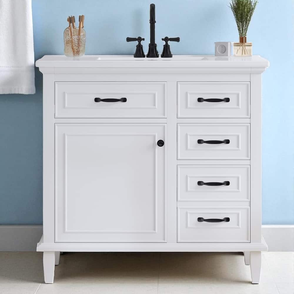 36" Bathroom Vanity with Ceramic Sink, Solid Wood Frame, 4 Drawers and Adjustable Shelf, Freestanding Cabinet