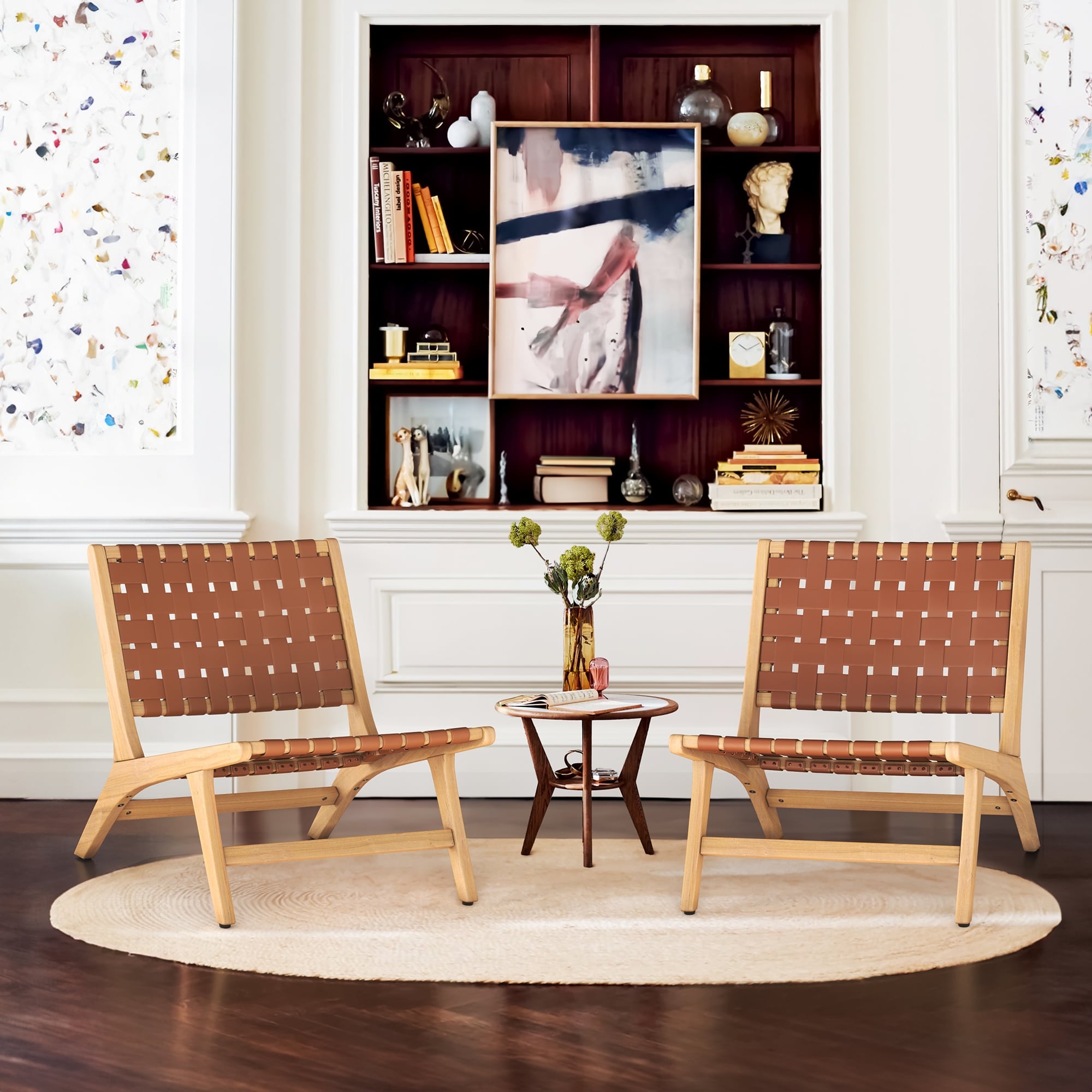 LUE BONA Midcentury Modern Accent Chair Woven Leather Cane Accent Chairs Boho Wood Rattan Accent Chair