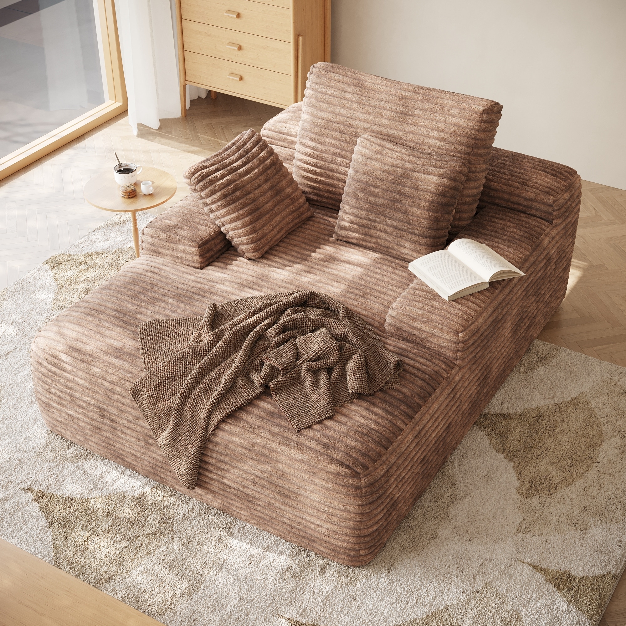 67" Oversized Chaise Lounge Chair Sofa Bed With Corduroy Upholstery, Large Corduroy Floor Sofa With Pillows