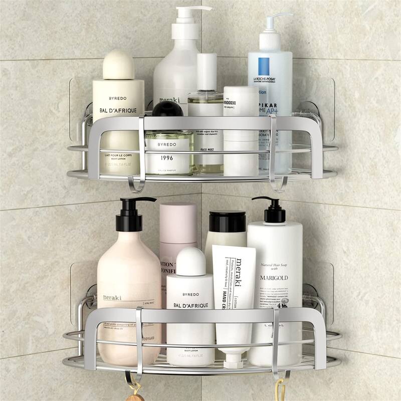 2 Pack Adhesive Wall Mounted Shower Caddy with 4 Movable Hooks - Silver