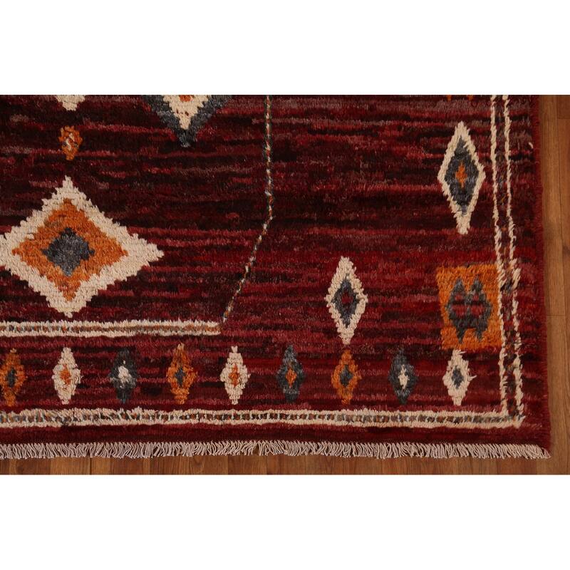 Hand Knotted Oriental 100% Wool Carpet Modern Tribal Red Moroccan Area Rug - 9' 7'' X 6' 10''