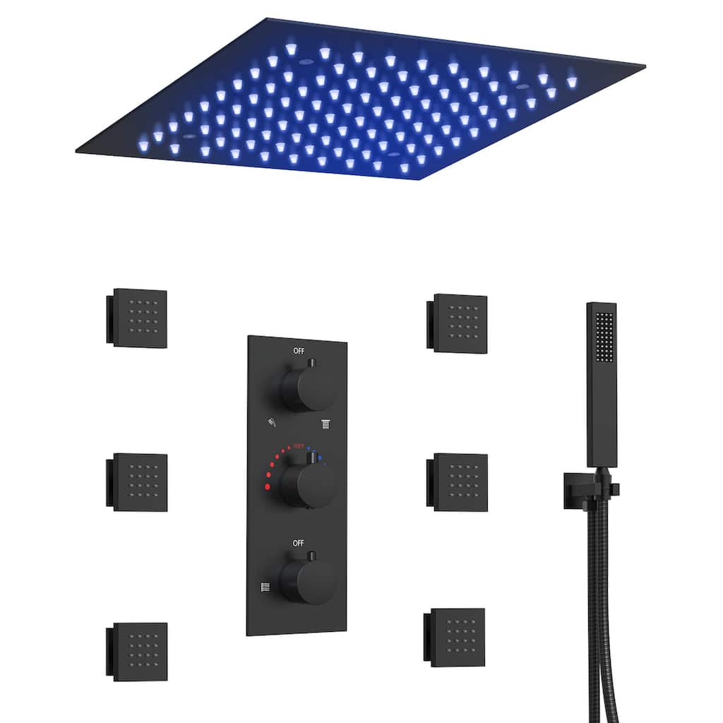 64-Color LED Mood Lighting Thermostatic Shower Faucet System with 12" Rain Shower Head , Body Jet and Handheld Spray