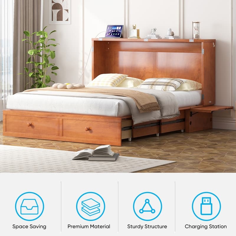 Mixoy Modern Queen Murphy Bed Chest with Mattress and USB ports