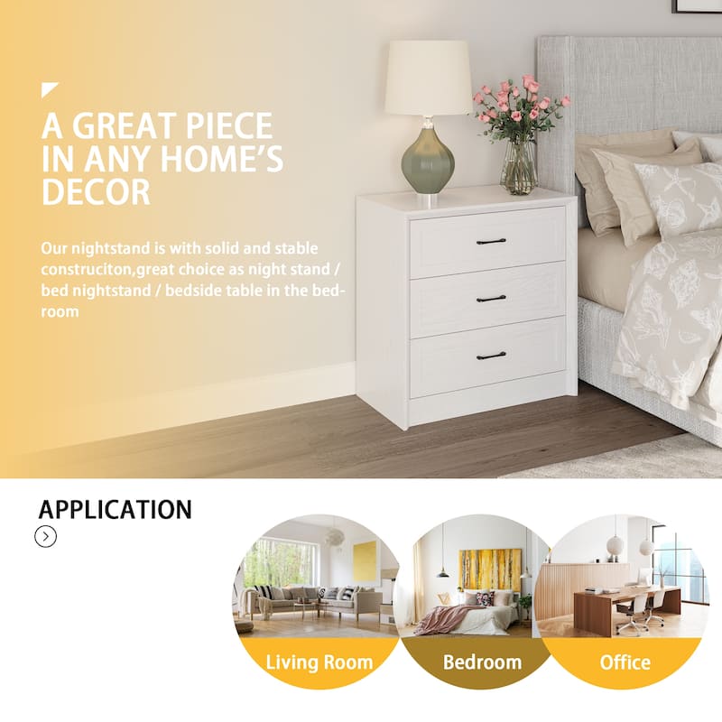 Modern 3-Drawer Wood Dresser for Bedroom, Wide Storage Chest with Metal Handles, Nightstand Cabinet