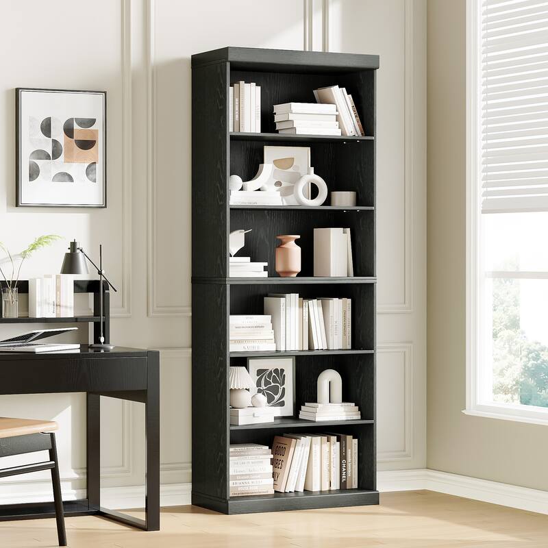 82" Solid Wood 6-Shelf Bookcase Storage with Display Shelf - Black