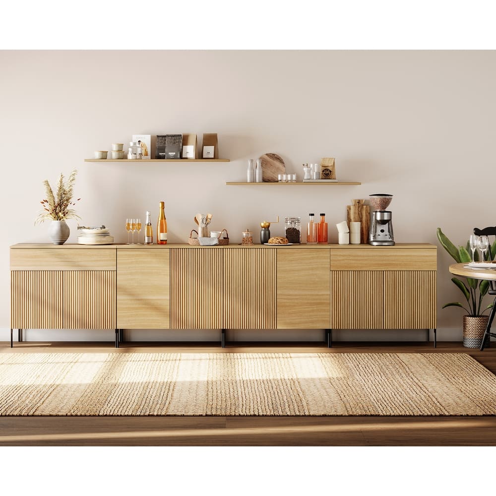 126" Modern Reeded 8-Door Sideboard With Drawers, 4-In-1 Wooden Credenza