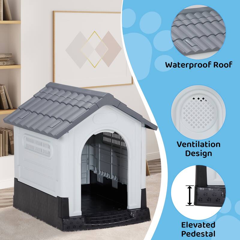 Plastic Dog House with Air Vents, Elevated Floor, Insulated Outdoor Indoor Kennel for Small Dogs