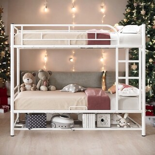 Modern Twin Over Twin Bunk Bed with Shelf and Guardrails,Separate into 2 Twin Beds for Bedroom