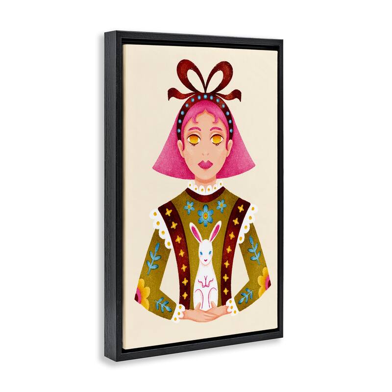 Stupell Pink Haired Girl & Bunny Framed Floater Canvas Wall Art Design By Hannah Moren