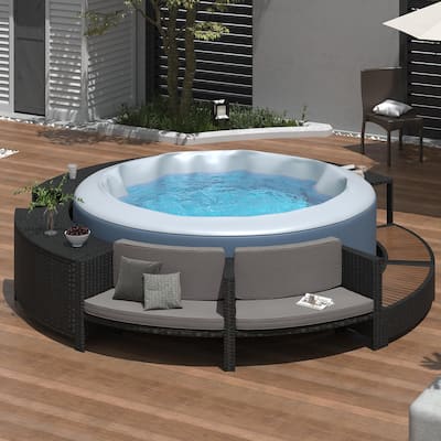 Outdoor Patio Rattan Furniture Set, All Weather Round Conversation Sofa Set with Acacia Wood Seat and Waterproof Cushion