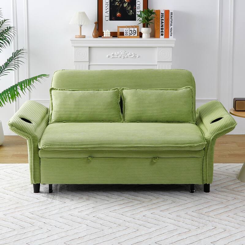 65.74-inch Green Corduroy Multi-functional Sofa Bed with Adjustable Armrests and Backrests