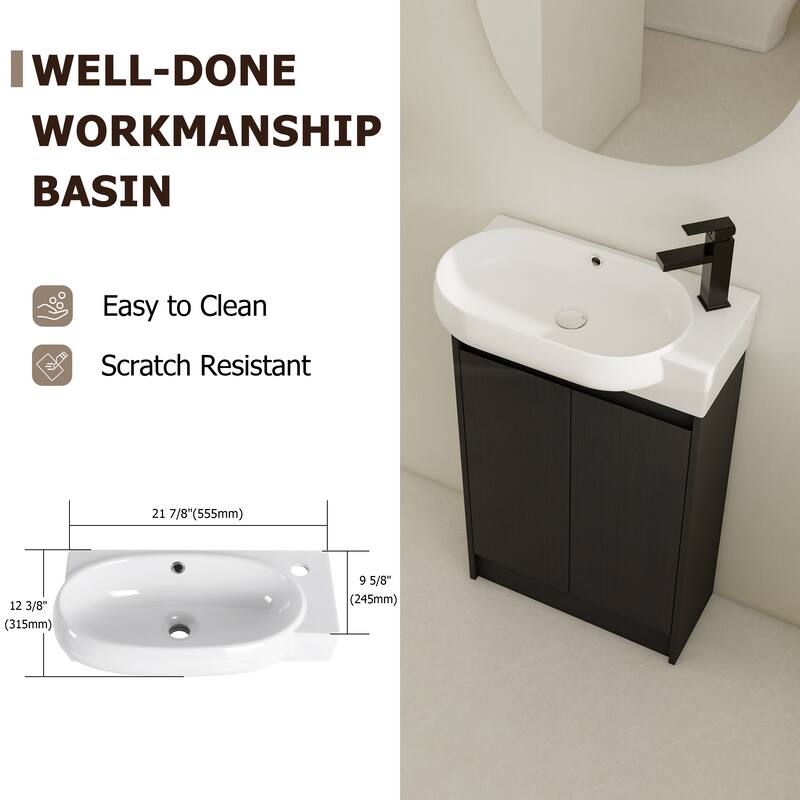 Compact 23'' Freestanding Vanity with Round Ceramic Sink & Soft-Close Hinges for Bathroom