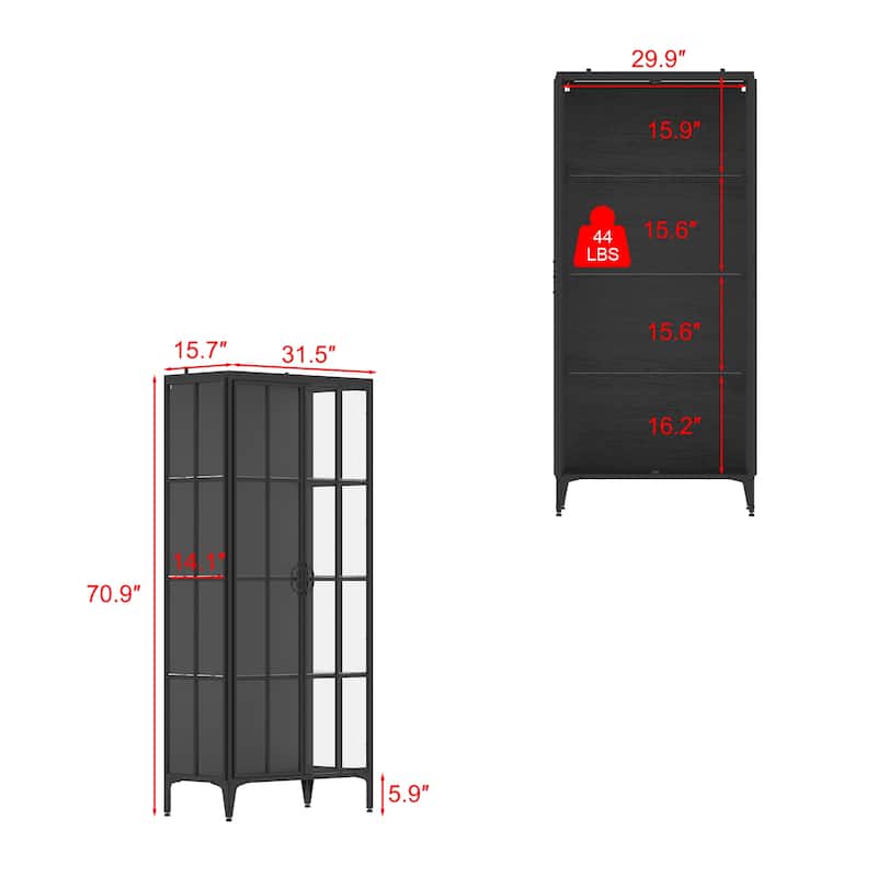 70.9"H Metal Glass Display Cabinet LED Light Bookshelves Curio Cabinet