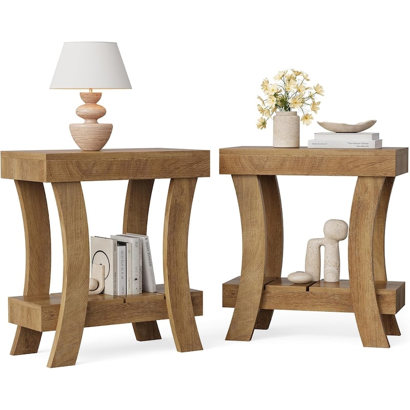 2-Tier Narrow Side Table with Storage Shelf, Rectangular End Table, Small Night Stand for Bedroom, Living Room, Small Spaces - 2 pcs