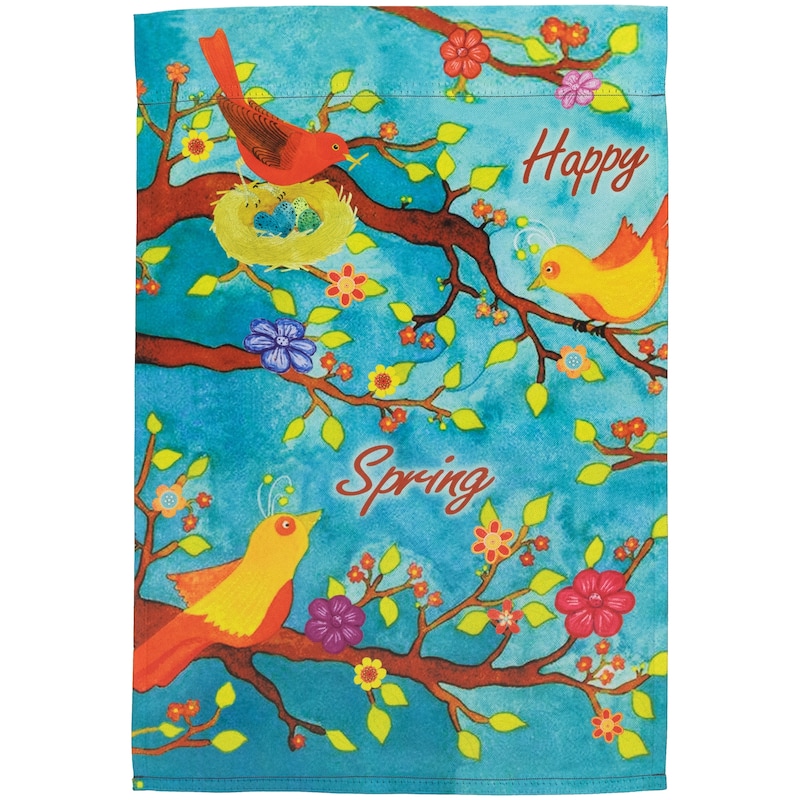 Birds and Flowers "Happy Spring" Outdoor Garden Flag 18" x 12.5"