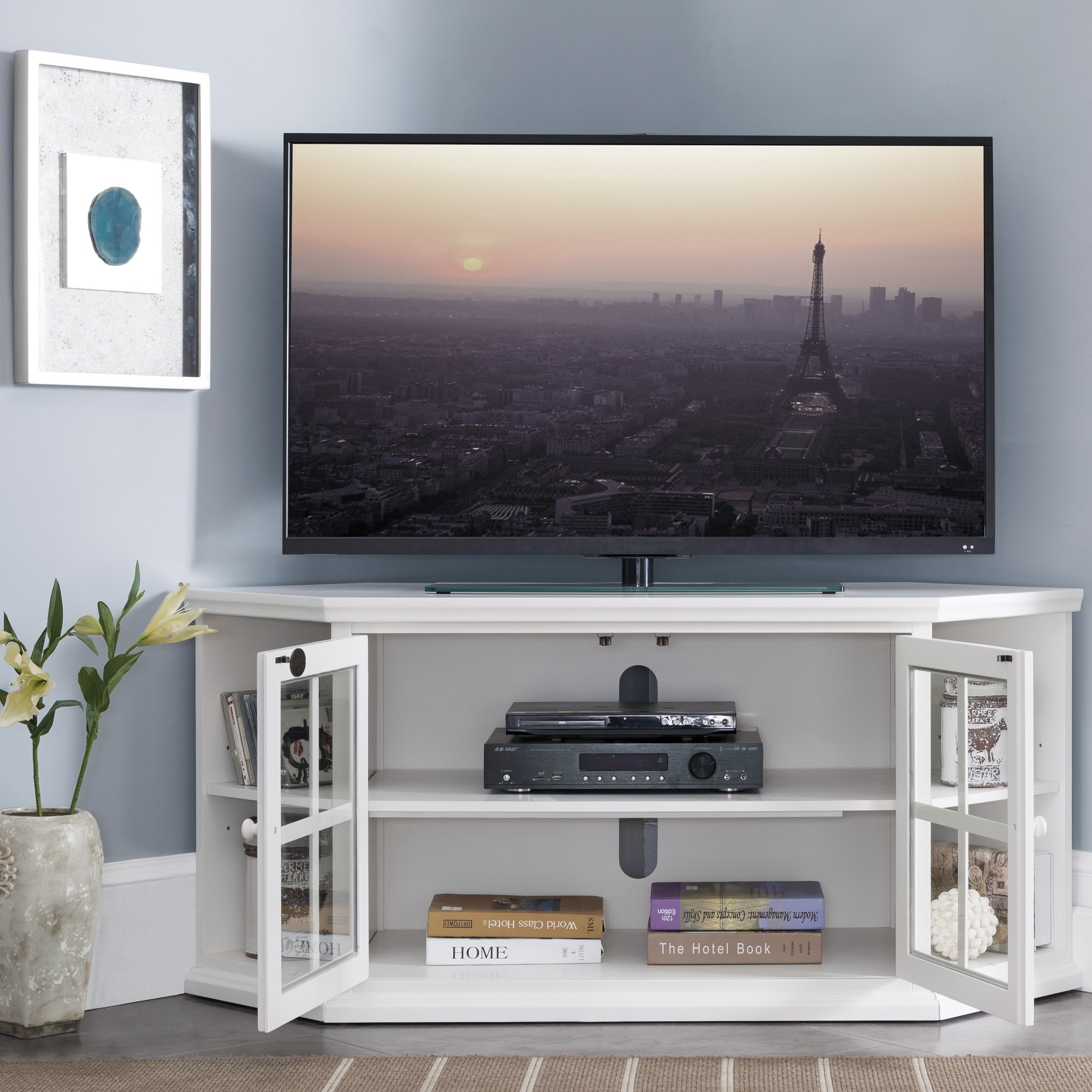 Leick Home Cottage White Corner TV Stand with Bookshelf Storage On Sale Bed Bath Beyond 20463654
