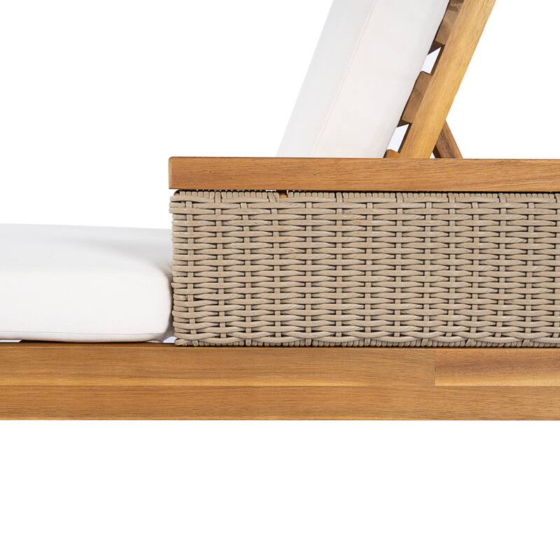 Christopher Knight Home - Solid Acacia Wood Outdoor Chaise Lounge with 4-Position Adjustable Backrest & Woven Rattan Accents