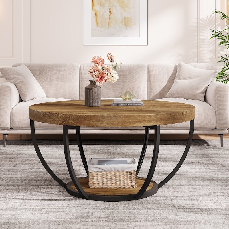 31.7" Round Coffee Table, Modern 2-Tier Center Table Sofa Side Table