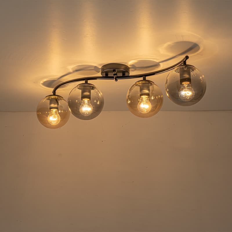 4 Lights Linear Metal Flush Mount Ceiling Light with Smoky and Amber Glass Globes - Dia.31.89-in