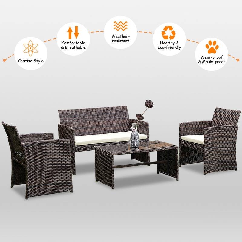 Complete 4-Piece Outdoor Patio Rattan Wicker Furniture Ensemble - 43.5" x 25.5" x 31.0" (L x W x H)