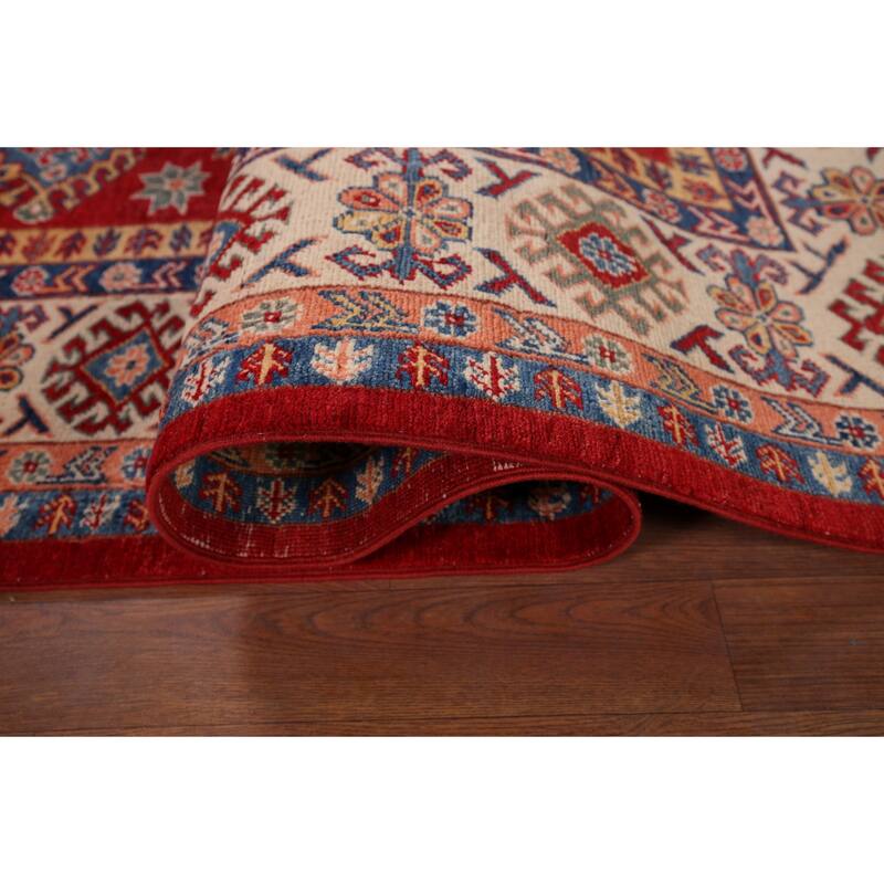 Hand Knotted Oriental 100% Wool Carpet Traditional Geometric Red Kazak Area Rug - 9' 6'' X 6' 7''