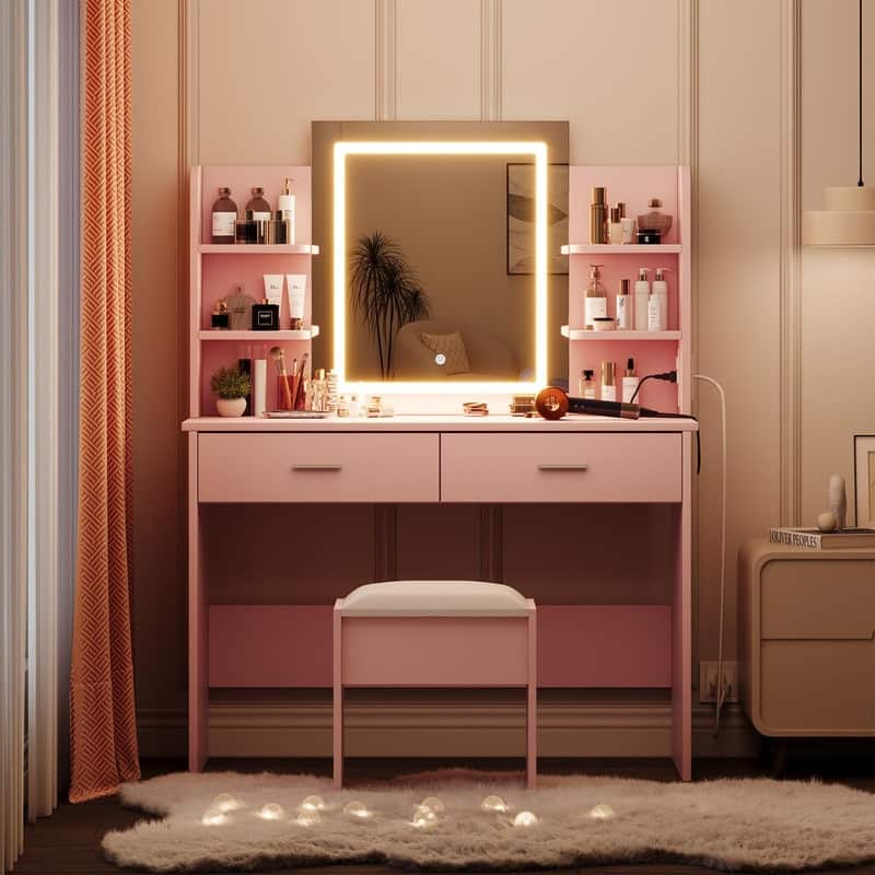 Makeup Vanity Set with Mirror, Stool， Charging Station， 2 Drawers, 6 Shelves