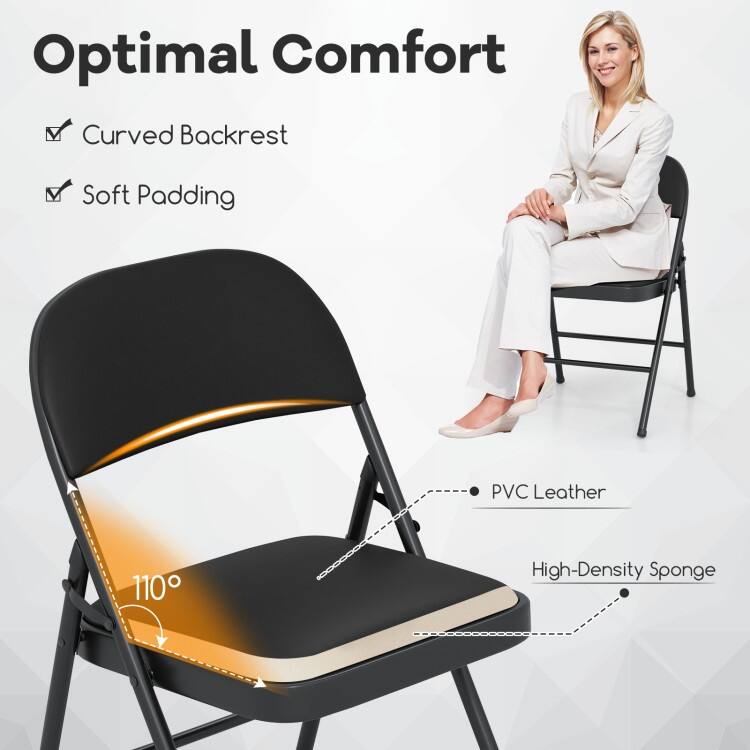 Black Metal Folding Chair 2 Pack with PVC Leather, Ergonomic Backrest and 330 lbs Capacity - 18.5" x 18" x 31"