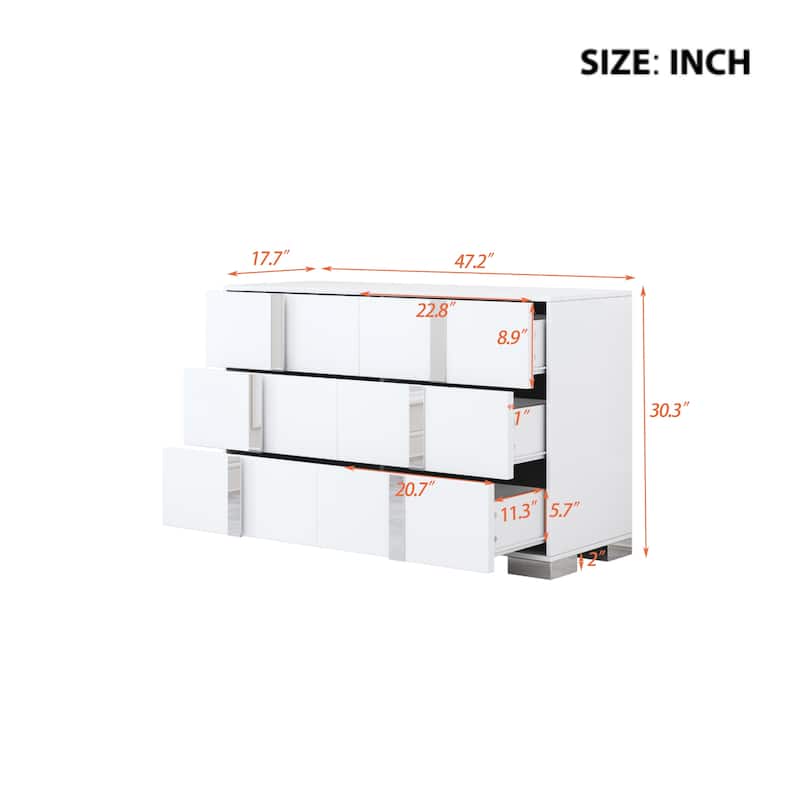 Elegant Modern 6-Drawer Mirrored Dresser with Metal Feet, MDF Storage Chest for Bedroom or Living Room Organization