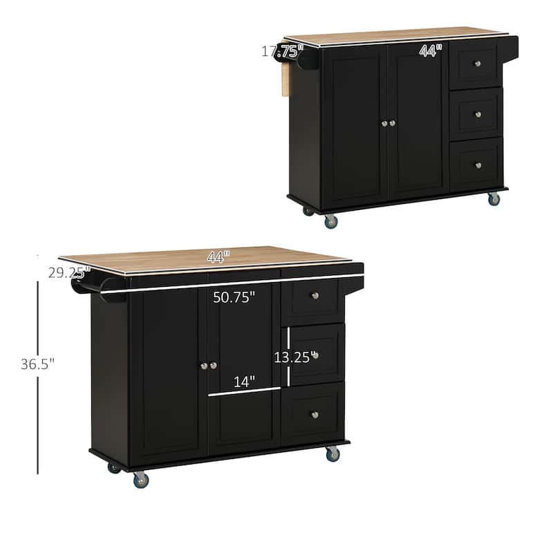 Mobile Kitchen Island with Drop Leaf, Towel Rack and 3 Drawers