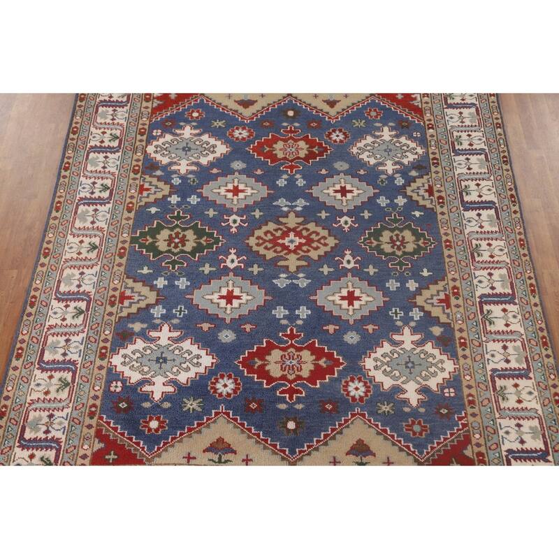 Blue Geometric Kazak Oriental Area Rug Handmade Wool Carpet - 7'10" x 9'9"