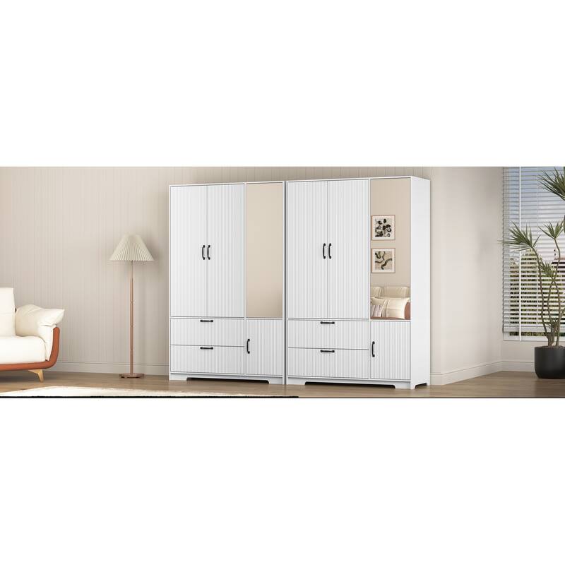 4 Doors Wardrobe Closet with Mirror, LED Wardrobe with Doors and 2 Drawers, Wooden Wardrobe Storage Cabinet with Hanging Rod