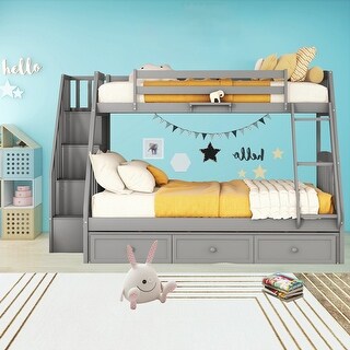 Twin-Over-Full Wooden Bunk Bed with Drawers,Ladder and Storage Staircase, Gray